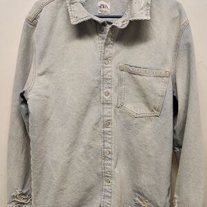 Zara Destressed Faded Blue Denim Shirt